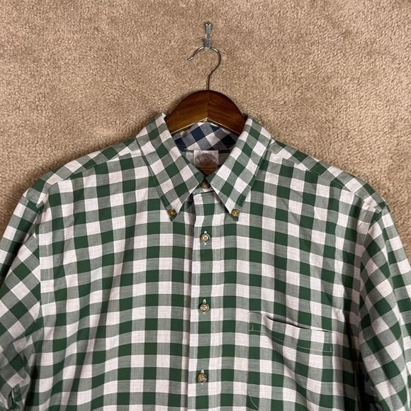 Brooks Brothers Button Down Shirt Mens Large L White/Green Check Non Iron Supima - Picture 2 of 8